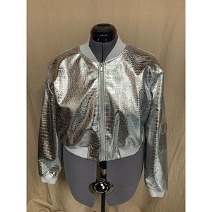Eloquii Plus Size Silver Faux Crocodile Cropped Zipped Moto Jacket